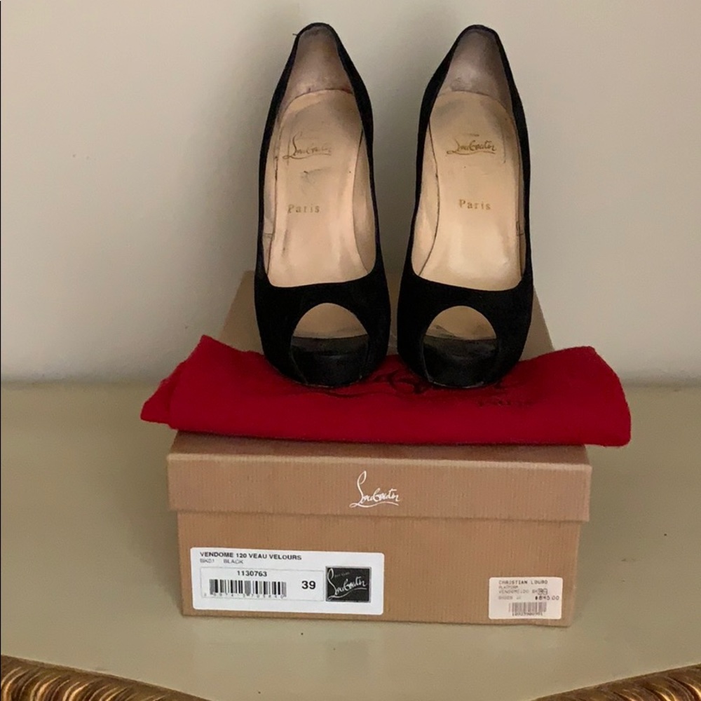 Peep toe suede heels